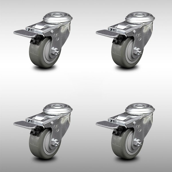 3 Inch SS Gray Polyurethane Swivel Bolt Hole Caster Set with Total Lock Brake